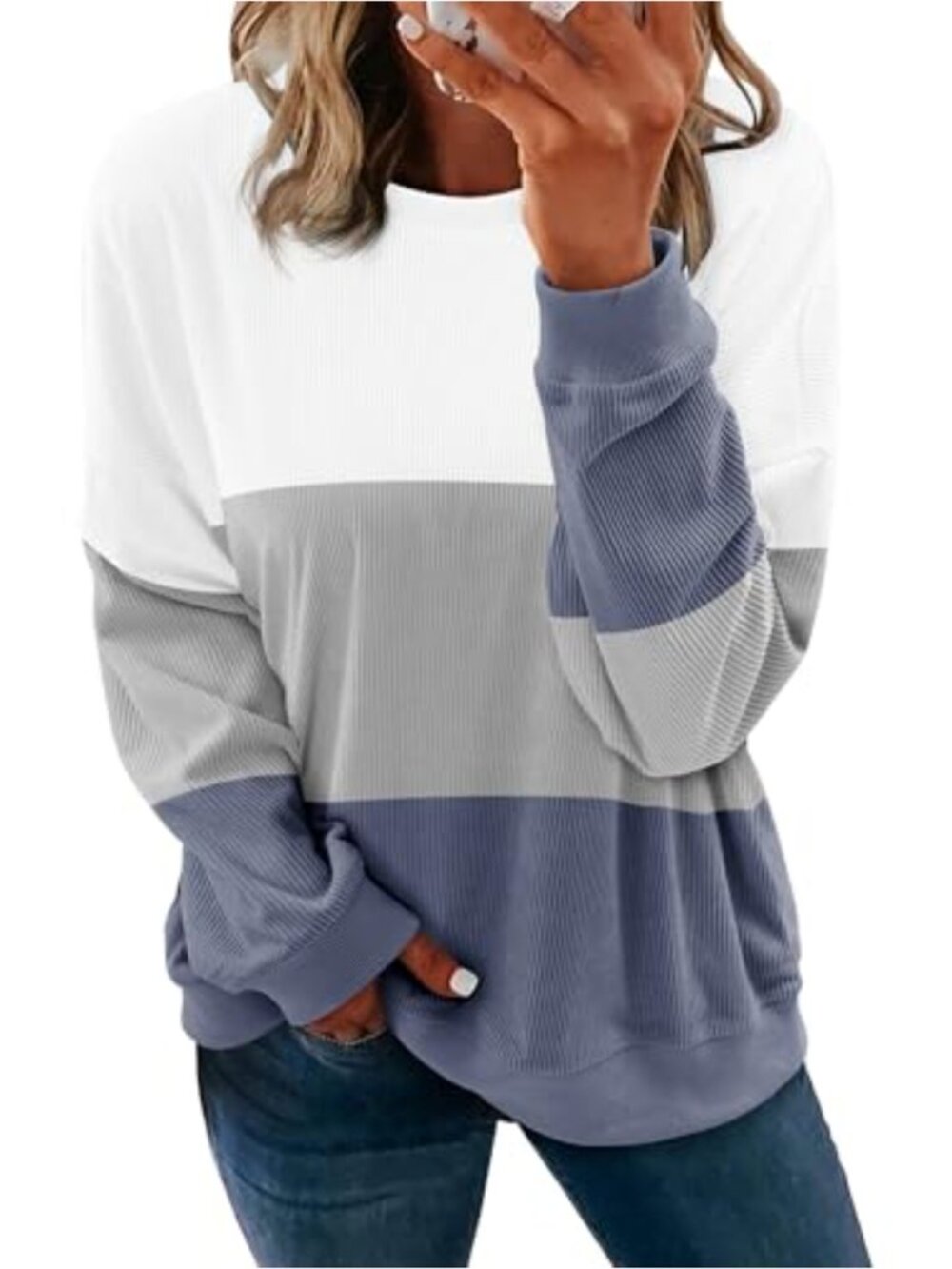 Long Sleeve Color Block Crewneck Pullover Sweatshirt Oversized Fall Winter Knit